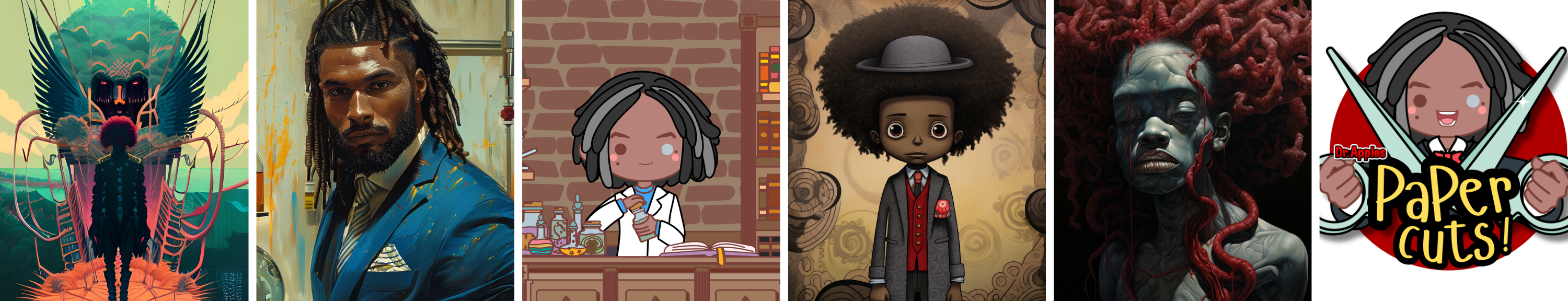 Dr. Apples: Various images of DR. Apples in various art styles. The Fun, Fictional, Fantasy Folklore. Homepage featuring a quirky wizard on a dark, humorous quest. Explore award-winning podcasts, young adult novels, and multimedia projects. Discover hidden realms, join the community, and immerse yourself in whimsical adventures. Access links to Twitch, podcasts, PayPal donations, Patreon exclusives, and Tapas readings. Browse