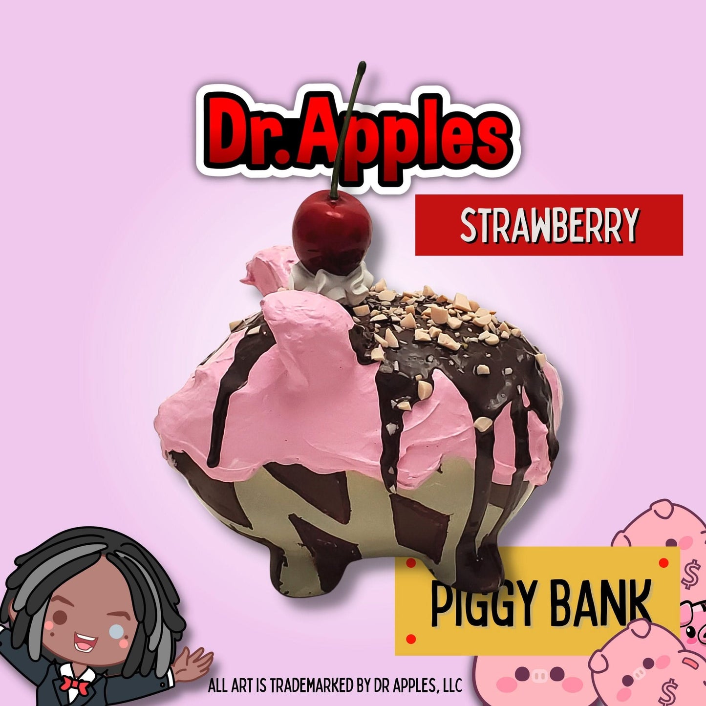 Ice Cream Piggy Bank | Strawberry with Chocolate Drizzle & Nuts | Unique Gift | Dr. Apples - Dr. Apples - Lacye A Brown